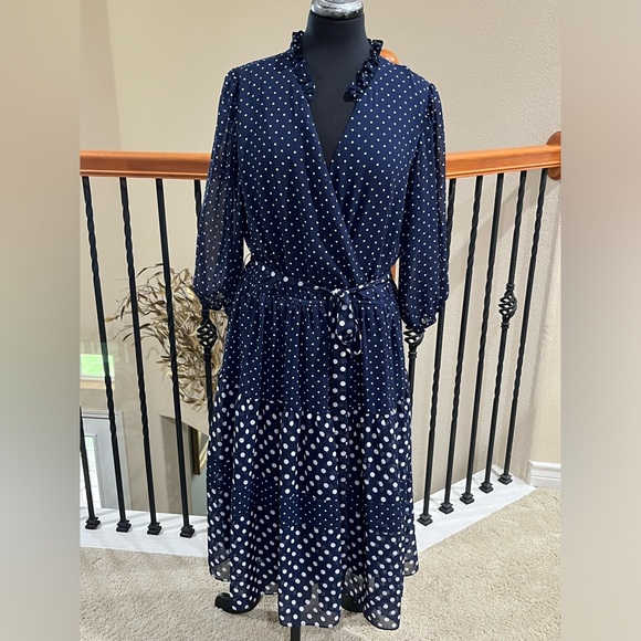 Maison Tara Dresses & Skirts - MAISON TARA Navy Polka Dot Long Sleeve TIERED MIDI LENGTH, Dress WOMEN SIZE 16W